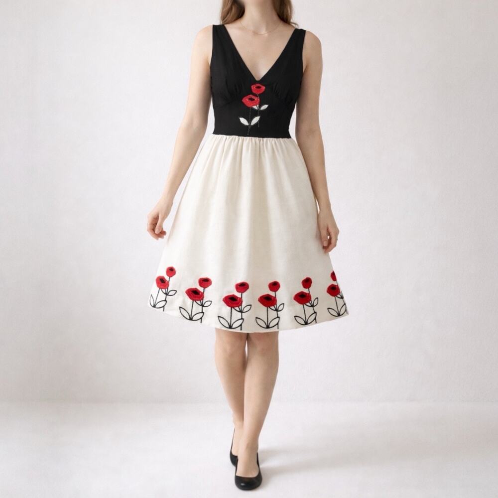 Vintage Coquette Retro Tea Dress 10‎ Eve Le Coq California Poppy Embroidered Red